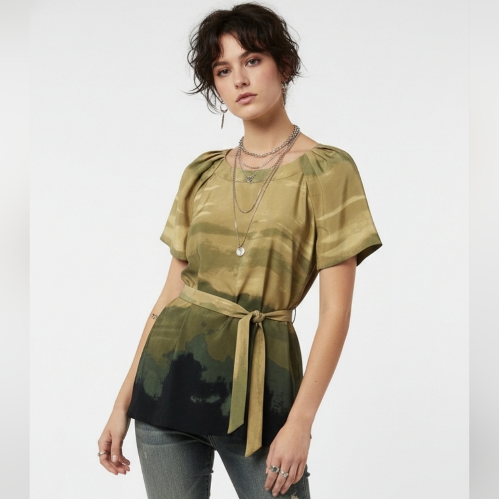 Simply Vera Vera Wang Blouse Green Grunge Ombre Pleated Belted 4